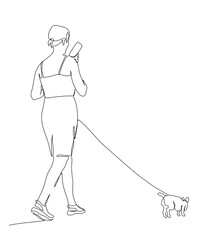 Woman with small dog walking and talking on the phone. Back view.  Continuous line drawing. Black and white vector illustration in line art style.