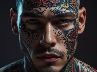 Portrait of a guy with tattoos all over his face, close-up