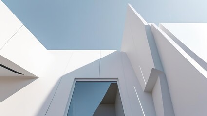 Fototapeta premium Abstract modern architecture in Cloud Dancer tones, color of the year 2026. Geometric white building with blue sky. Ideal for architecture, design, construction, real estate concepts.