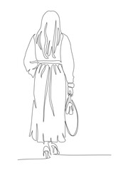 Woman walking away. Wear coat high heels holding purse. Continuous line drawing. Black and white vector illustration in line art style.