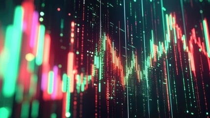 Obraz premium 3D visualization of fluctuating financial chart with tall glowing data bars and line graphs on dark digital grid background. Generative by AI