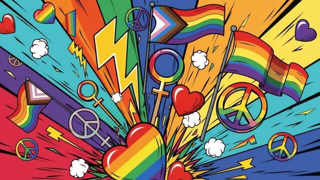 Colorful pop-art explosion of rainbow symbols, including pride flags, peace signs, hearts, and gender icons on a vibrant comic-style background