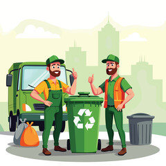 Garbage collection service workers recycling truck waste management city sanitation workers happy thumbs up