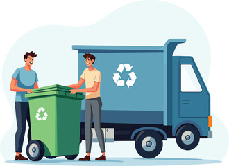 Recycling truck and workers collecting waste for environmental sustainability vector illustration