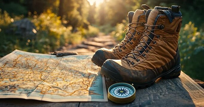 A close-up shot of hiking boots and a compass rests on a map on a table in the forest. The trail goes back to the distance. The lighting in the image is sunny