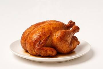 Perfectly Roasted Whole Chicken with Crispy Golden Brown Skin Served on a Simple White Plate Isolated on a White Background Ideal for Food Photography