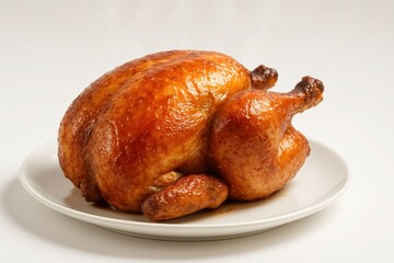 Perfectly Roasted Whole Chicken with Crispy Golden Brown Skin Served on a Simple White Plate Isolated on a White Background Ideal for Food Photography