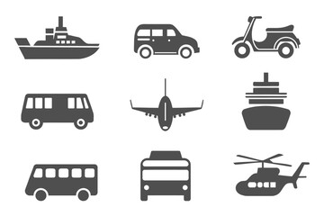 Transportation, transport and vehicles icon set. Vector illustration of travel, logistics, public transit concepts, car, van, bus, bike, ship, and airplane. Glyph pictograms black silhouette.