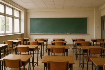 Traditional Classroom Interior with a Large Green Chalkboard at the Front Empty Wooden Desks and Chairs Arranged in Rows and Windows Letting in Natural Light