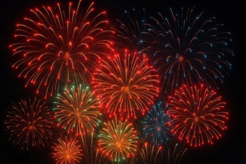 Obraz premium Vibrant and Explosive Fireworks Display Illuminating the Dark Night Sky with Multiple Bursts of Color Creating a Festive and Celebratory Atmosphere