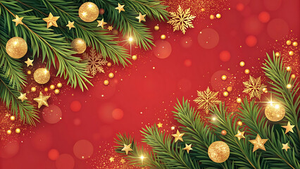 Christmas decoration border with fir branches and golden glitter confetti and sparkles of lights blur bokeh on red background. Bright Christmas and New Year design holiday frame. Vector illustration