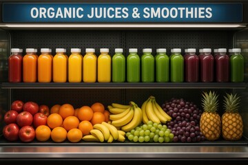 Vibrant Display of Fresh Organic Fruit Juices and Smoothies in a Supermarket Cooler Alongside an Abundance of Fresh Fruits like Apples Oranges and Bananas Healthy Consumerism