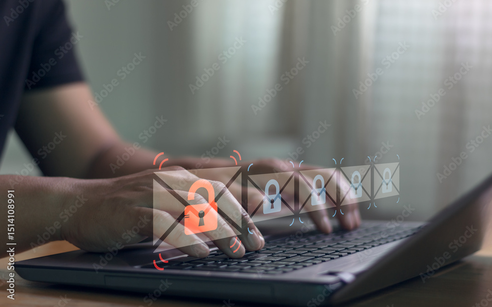 Aufkleber e-mail phishing concept. businessman using laptop with electronic email hacking and spam warning sym