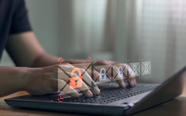 E-mail phishing concept. Businessman using laptop with electronic email hacking and spam warning symbol. cyber attack network, virus, spyware, Cyber security personal data, cybersecurity, cybercrime.