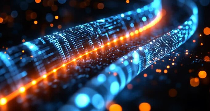 Abstract close up of fiber optic cable with glowing neon light on a black background. Blue and orange dot structure. Glowing with bokeh effect, for technology or science background
