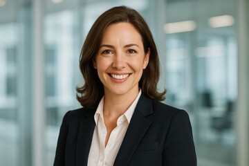 Confident and successful businesswoman in her late 30s with a warm smile professional headshot taken in a bright modern office environment with blurred background.