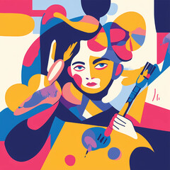 Abstract Portrait Woman with Guitar in Vibrant Color Blocks