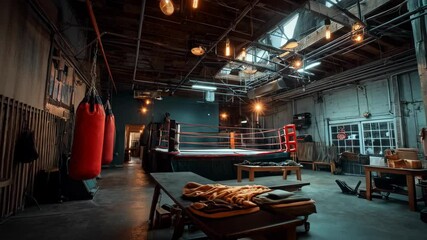 Indoor boxing gym showcases ring with red ropes, punching bags, training equipment, under high ceilings and bright lighting fixtures - Powered by Adobe
