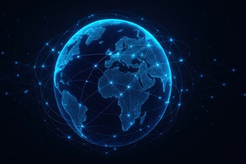 Obraz premium Striking visualization of a luminous blue digital Earth globe with intricate glowing lines representing interconnected global data networks and communication pathways against a dark background.