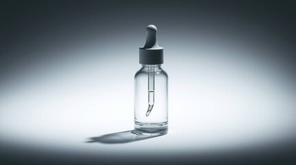 Clear glass dropper bottle, light gray background
