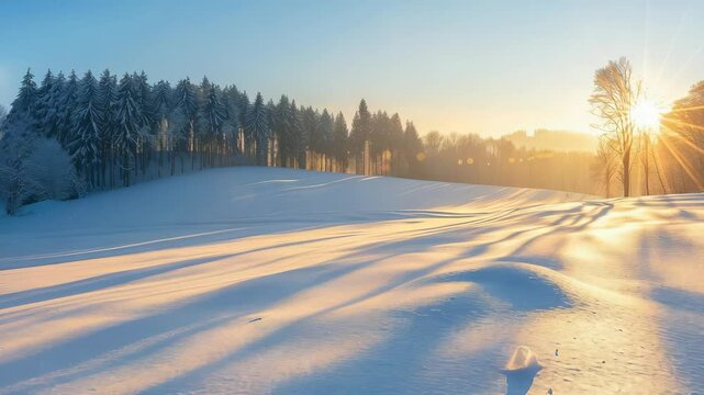 Winter landscape with snowy field and forest, bathed in the warm light of the setting sun. The scene evokes a sense of tranquility and the beauty of nature in the colder months.