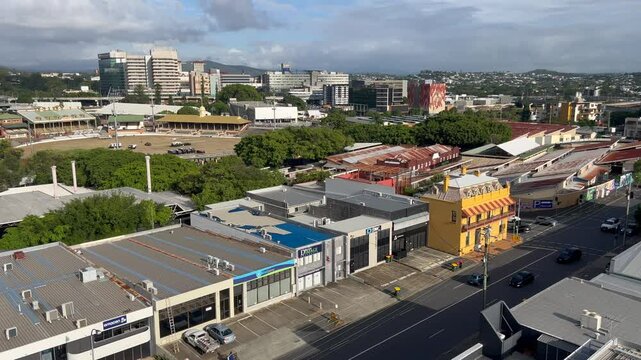 Urban aerial view of Brisbane Showgrounds a multi-purpose venue located in Bowen Hills, Brisbane, Australia. Established in 1875, it hosts more than 250 events each year.