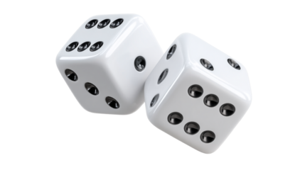 Two white dice showing six and five on a clean surface  