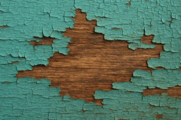 Close-up texture of cracked and peeling turquoise paint on an old wooden surface, revealing the natural brown wood grain underneath, ideal for backgrounds or rustic design concepts

