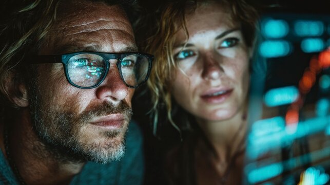 Closeup of a couple intently looking at a screen showing data at night