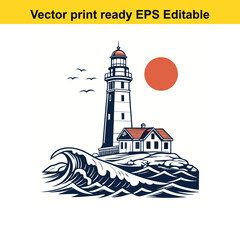 Majestic Lighthouse with Crashing Waves & Retro Sun - Vintage Coastal Art Print