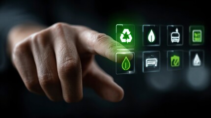 Finger Touching EcoFriendly Icons on a Digital Screen for Sustainability and Environmental Awa