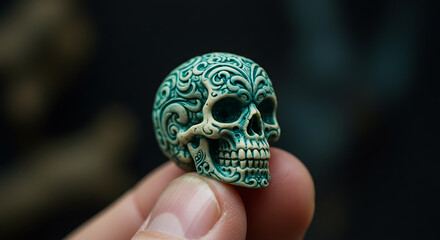 Hand Holding Miniature Ornate Teal Skull Sculpture