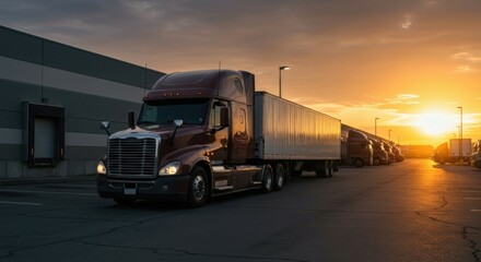 Supply chain truck resting in industrial parking at dusk.