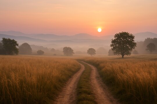 Rural countryside path leading through golden fields at sunrise with scattered trees and misty hills under a soft, colorful morning sky

