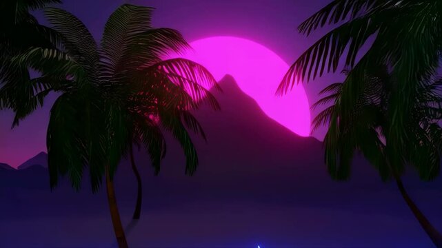 Retro futuristic scene featuring palm trees silhouette against pink sun and mountain backdrop with glowing neon grid landscape