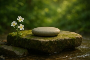 Smooth stone resting on a mossy rock by a gentle stream with white flowers blooming beside it, set in a serene green forest with soft natural light and peaceful ambiance

