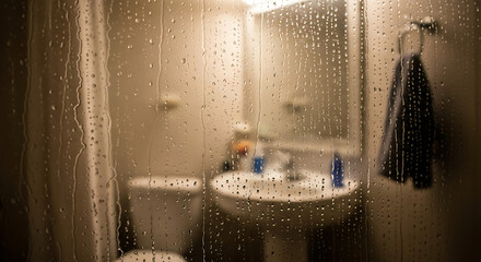 In a bathroom, condensation covers the mirror while drops of water trickle down. A white toilet and sink are visible, along with a towel hanging nearby, suggesting recent use.