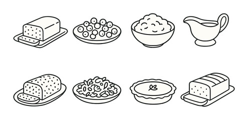 Vegan thanksgiving outline icons set – simple, plant-based holiday feast symbols