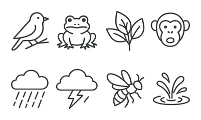 Rainforest sound linear icons set – outline, nature and jungle audio symbols collection