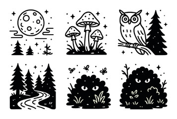 Enchanted night forest silhouette icons set – mystical woodland nocturnal symbols