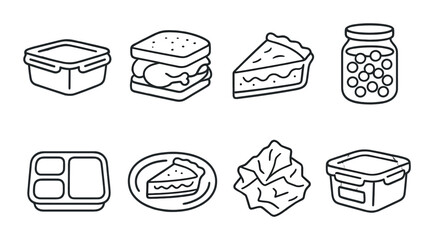 Leftovers icons set – silhouette, food storage, and meal preservation symbols