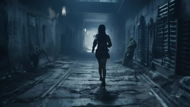 Adult girl runs away alone at night along dark corridor or alley, scared young woman, female person escapes like in thriller or horror movie.