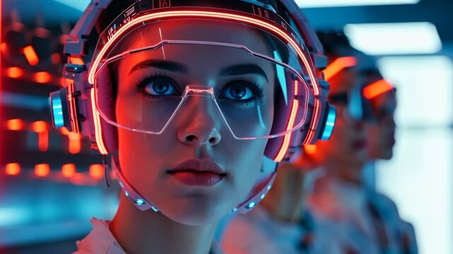 Person wearing futuristic neon headset technology virtual reality gaming innovation