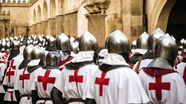 Medieval knights wearing helmets and white surcoats with red crosses standing in formation.