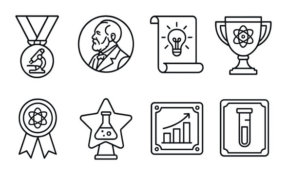 Scientific award linear icons set – outline, academic and achievement symbols