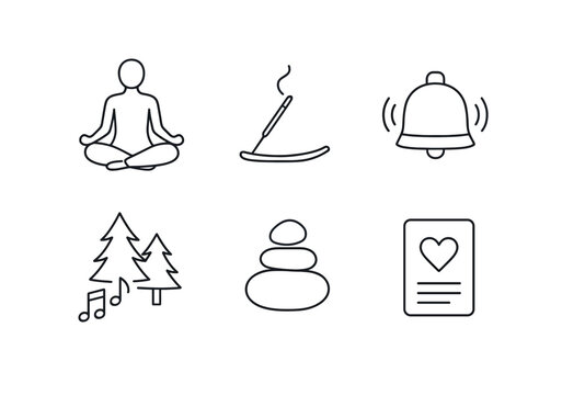 Mindfulness tools line icons set &ndash; simple meditation, wellness and relaxation symbols