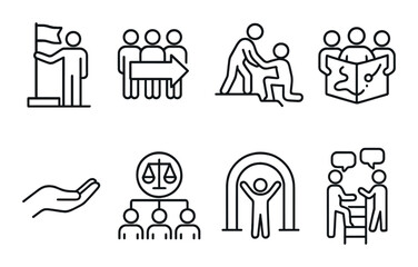 Leadership and teamwork outline icons set – silhouette, management and guidance symbols