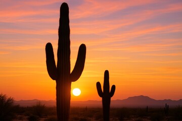 Majestic desert sunset with tall saguaro cacti silhouetted against a vibrant orange sky, creating a dramatic and serene southwestern landscape perfect for backgrounds and travel themes

