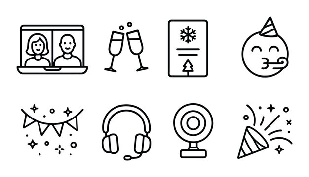 Virtual party icons set – outline, celebration and digital socializing symbols