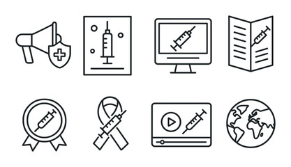 Vaccine awareness line icons set – outline style, immunization and health symbols